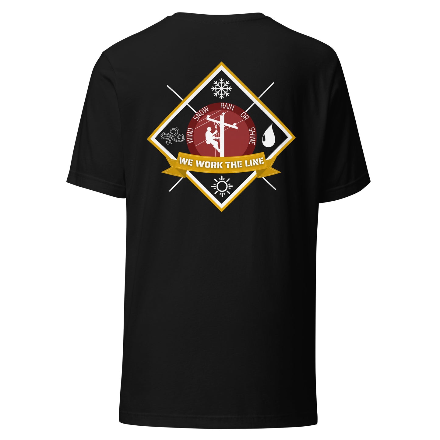 Black lineman shirt with 'We Work the Line' badge and icons for wind, rain, snow, and sunshine. Graphic of lineman on power pole.