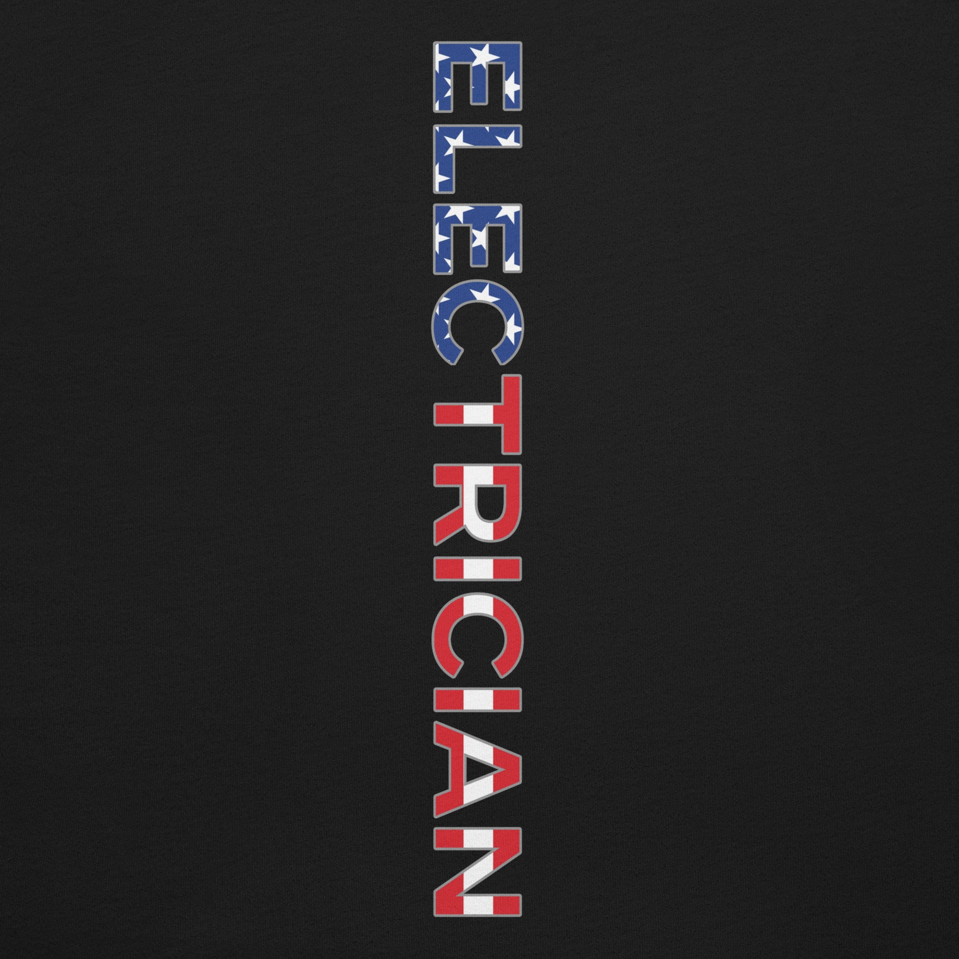 close up black shirt with electrician text down the back in a USA flag pattern
