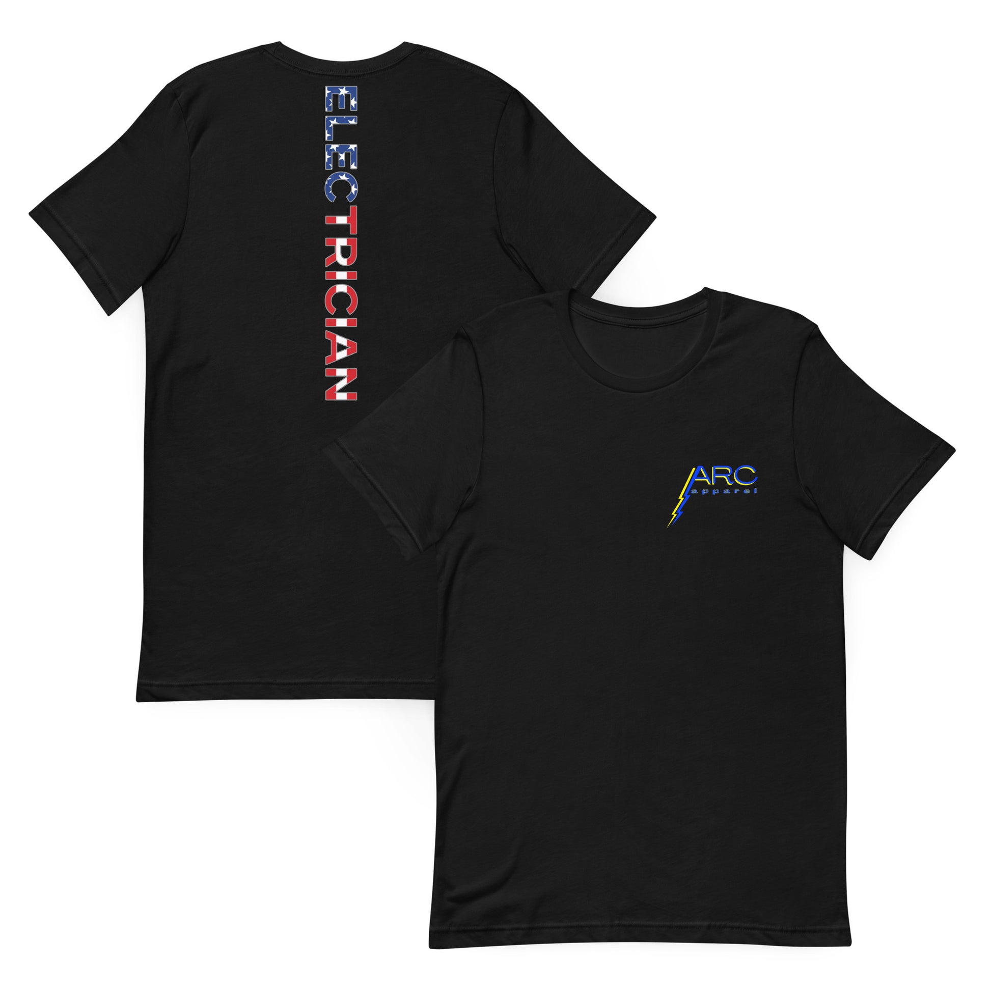 black shirt with electrician text down the back in a USA flag pattern. on front arc apparel logo