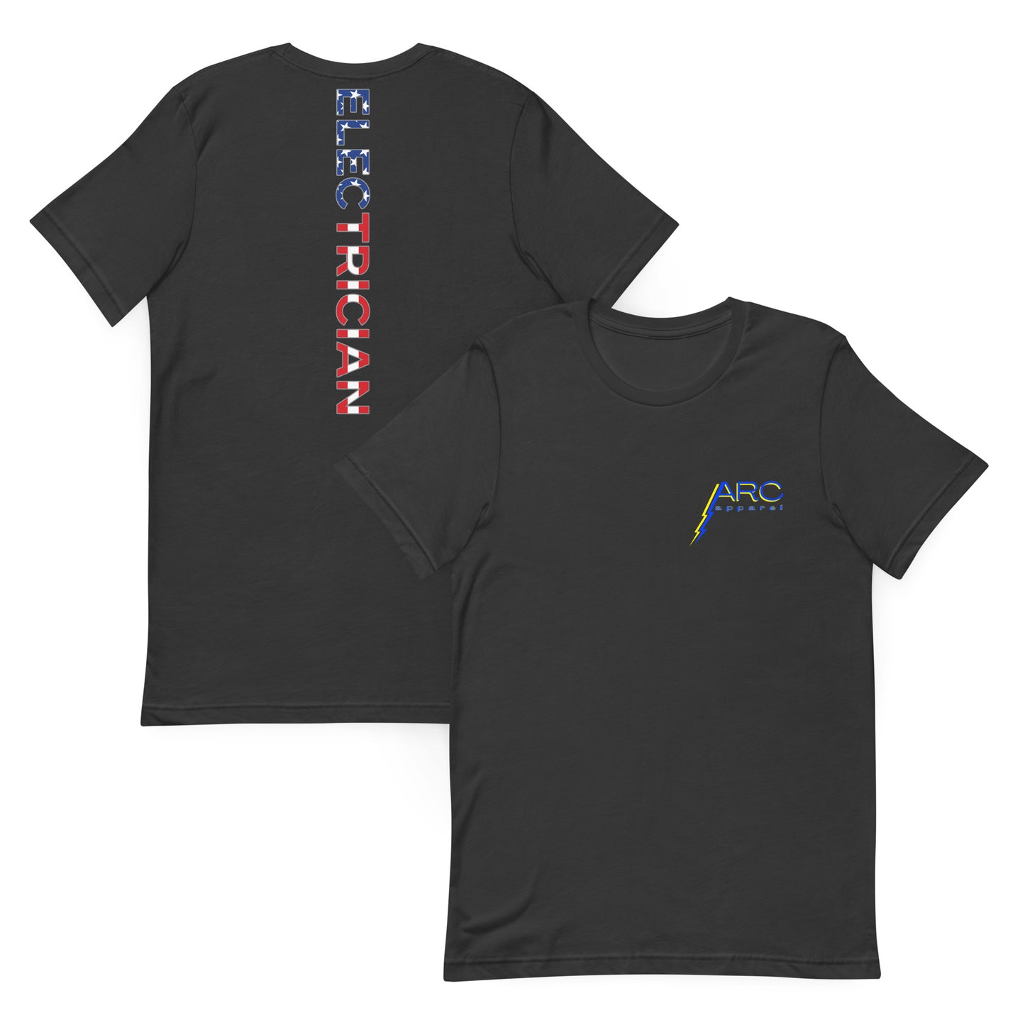 grey shirt with electrician text down the back in a USA flag pattern. arc apparel logo on front