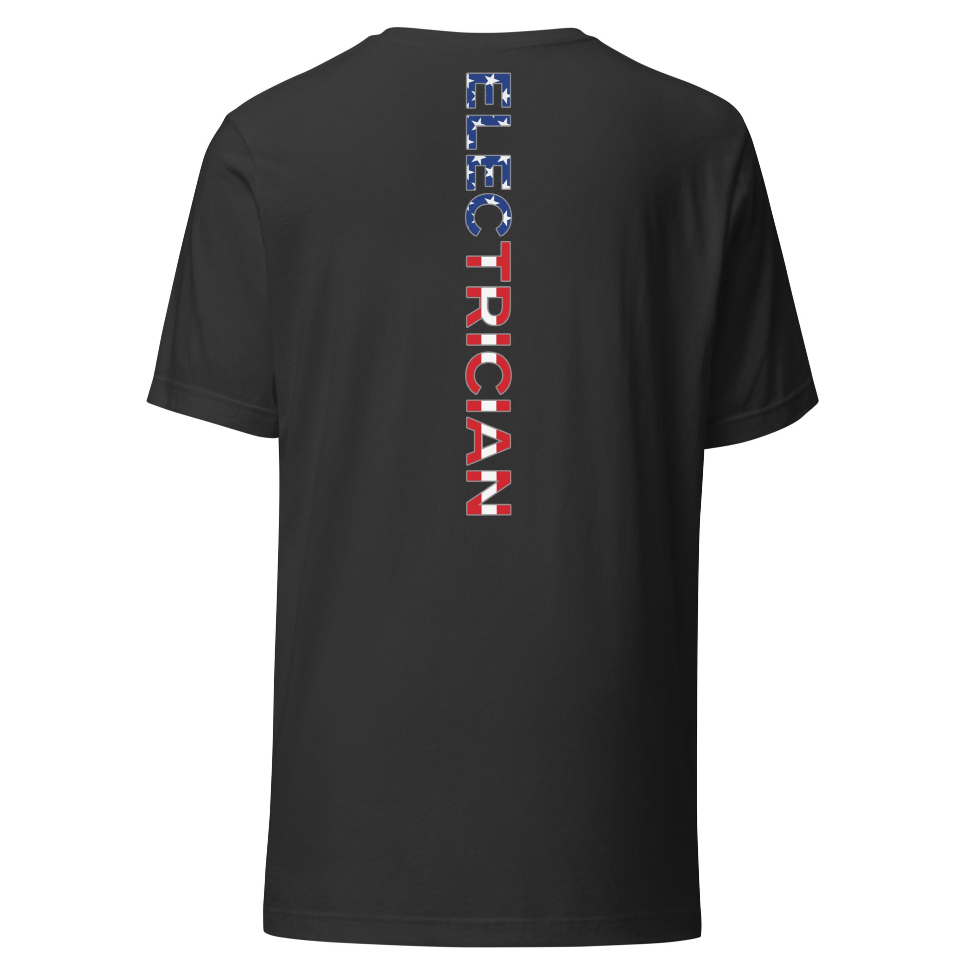 grey shirt with electrician text down the back in a USA flag pattern