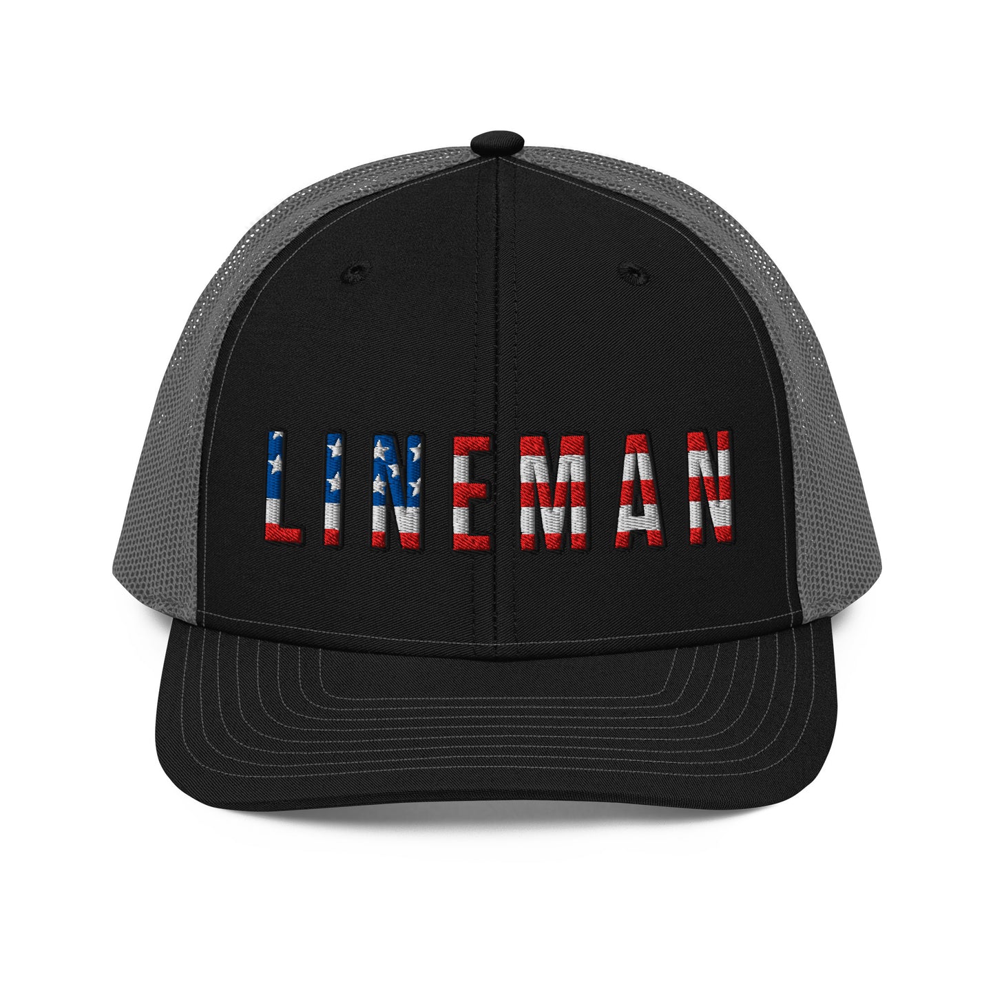 Black front grey back hat with lineman text in USA flag pattern