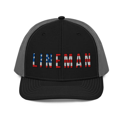 Black front grey back hat with lineman text in USA flag pattern