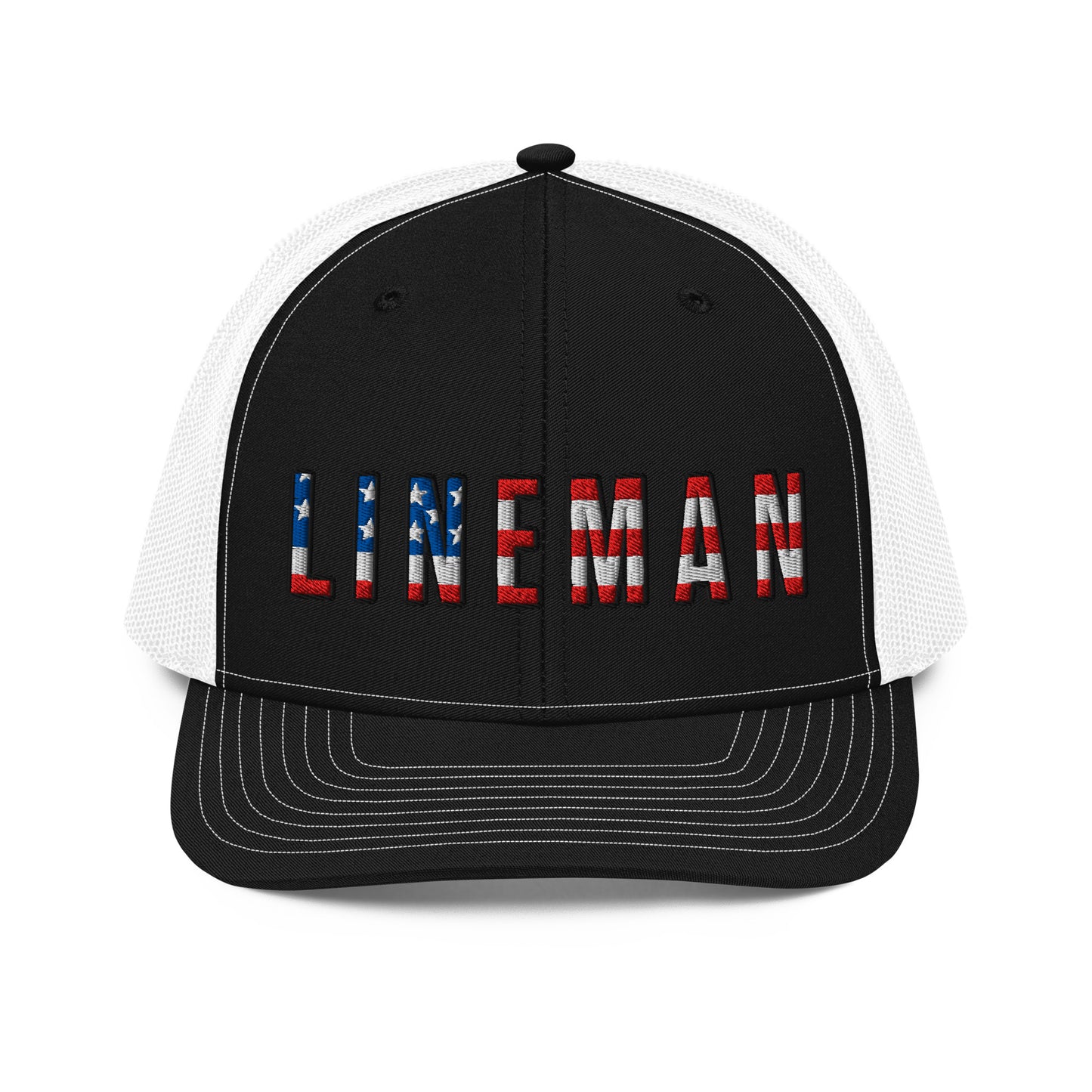 Black front white back hat with lineman text in USA flag pattern