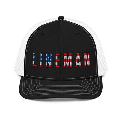 Black front white back hat with lineman text in USA flag pattern