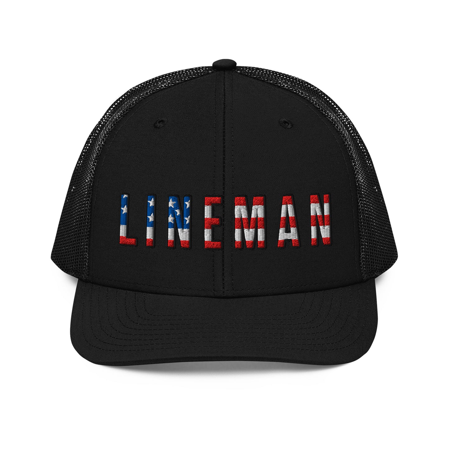 All black hat with lineman text in USA flag pattern