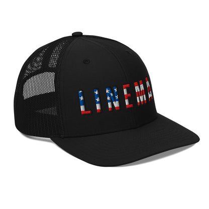 Side view all black hat with lineman text in USA flag pattern