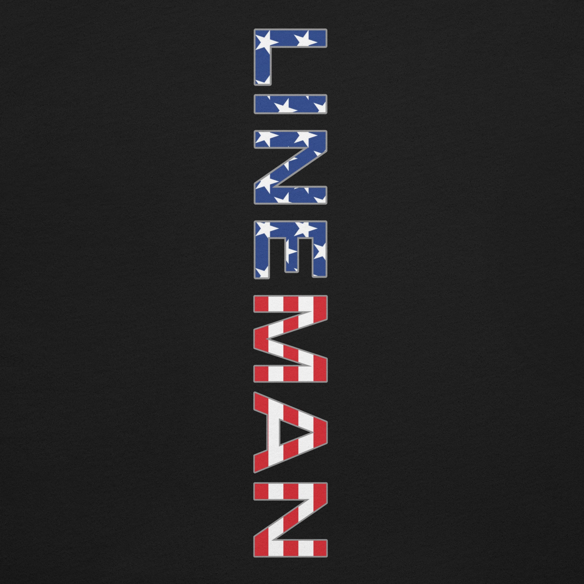 close up of Black shirt with lineman text down the back in a USA flag pattern