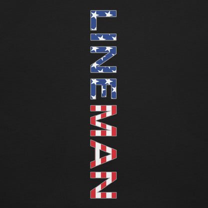 close up of Black shirt with lineman text down the back in a USA flag pattern