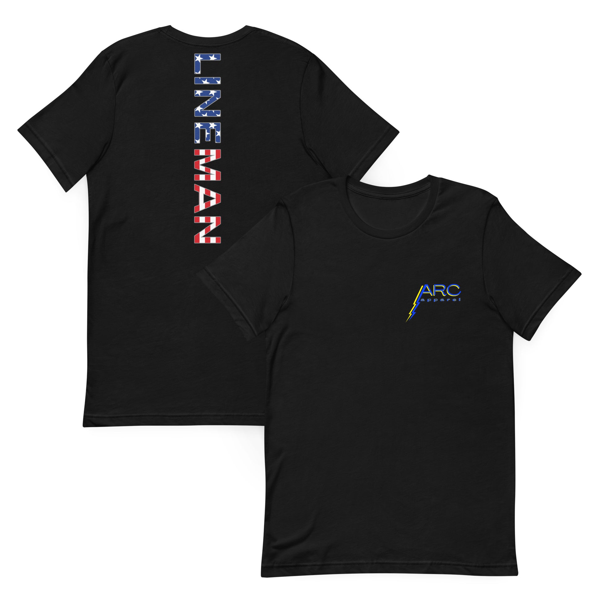 Black shirt with lineman text down the back in a USA flag pattern. arc apparel logo on front