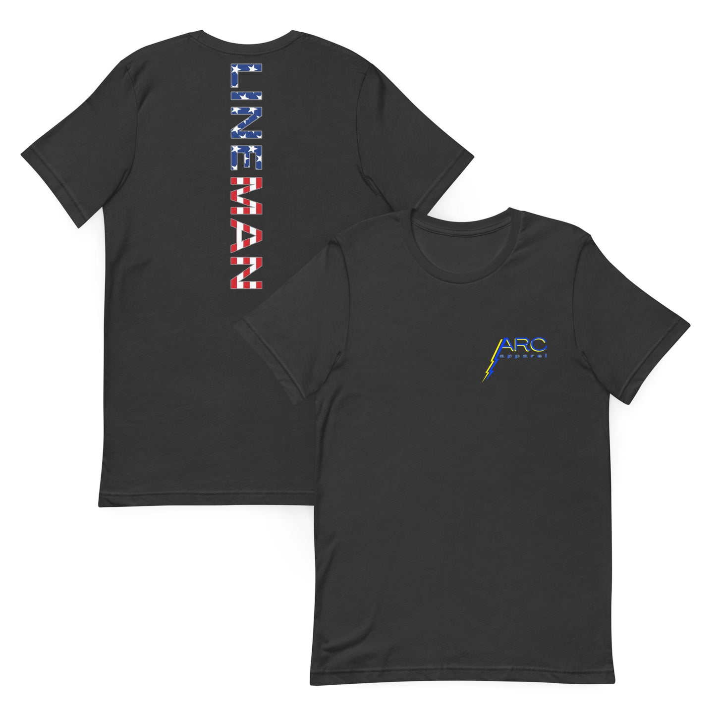 grey shirt with lineman text down the back in a USA flag pattern. arc apparel logo on front
