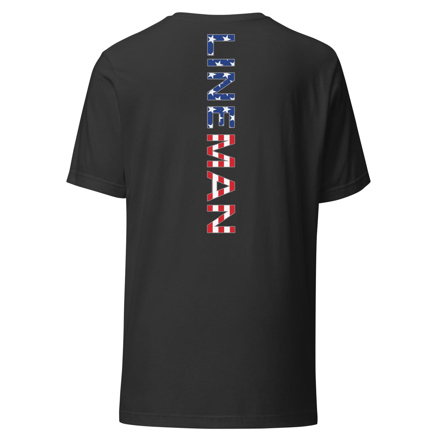 grey shirt with lineman text down the back in a USA flag pattern