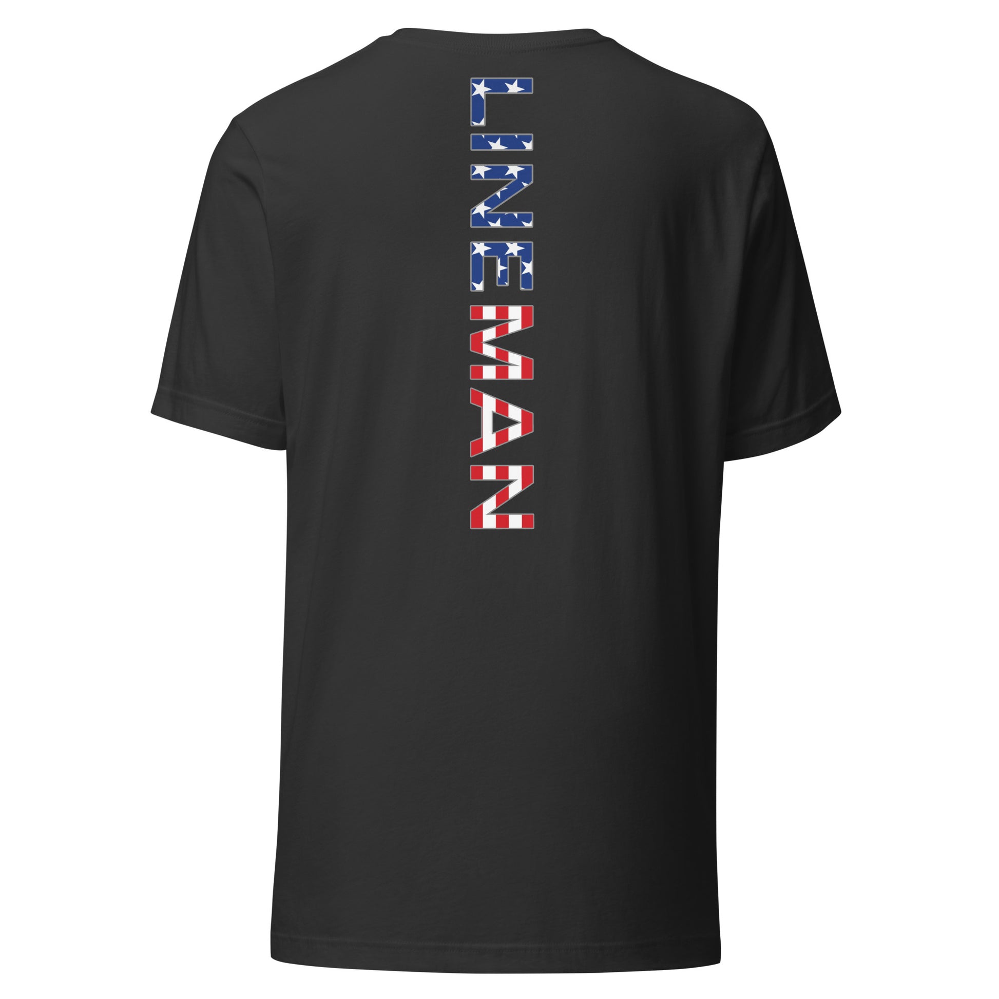 grey shirt with lineman text down the back in a USA flag pattern