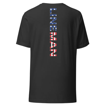 grey shirt with lineman text down the back in a USA flag pattern