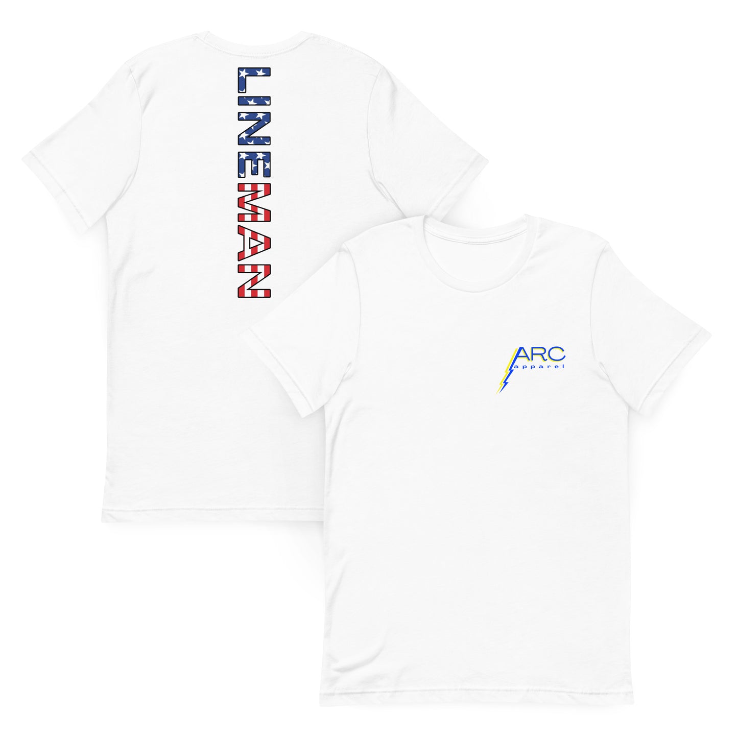 white shirt with lineman text down the back in a USA flag pattern. on front arc apparel logo