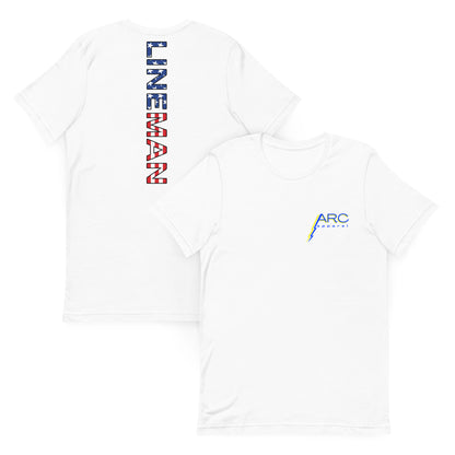 white shirt with lineman text down the back in a USA flag pattern. on front arc apparel logo
