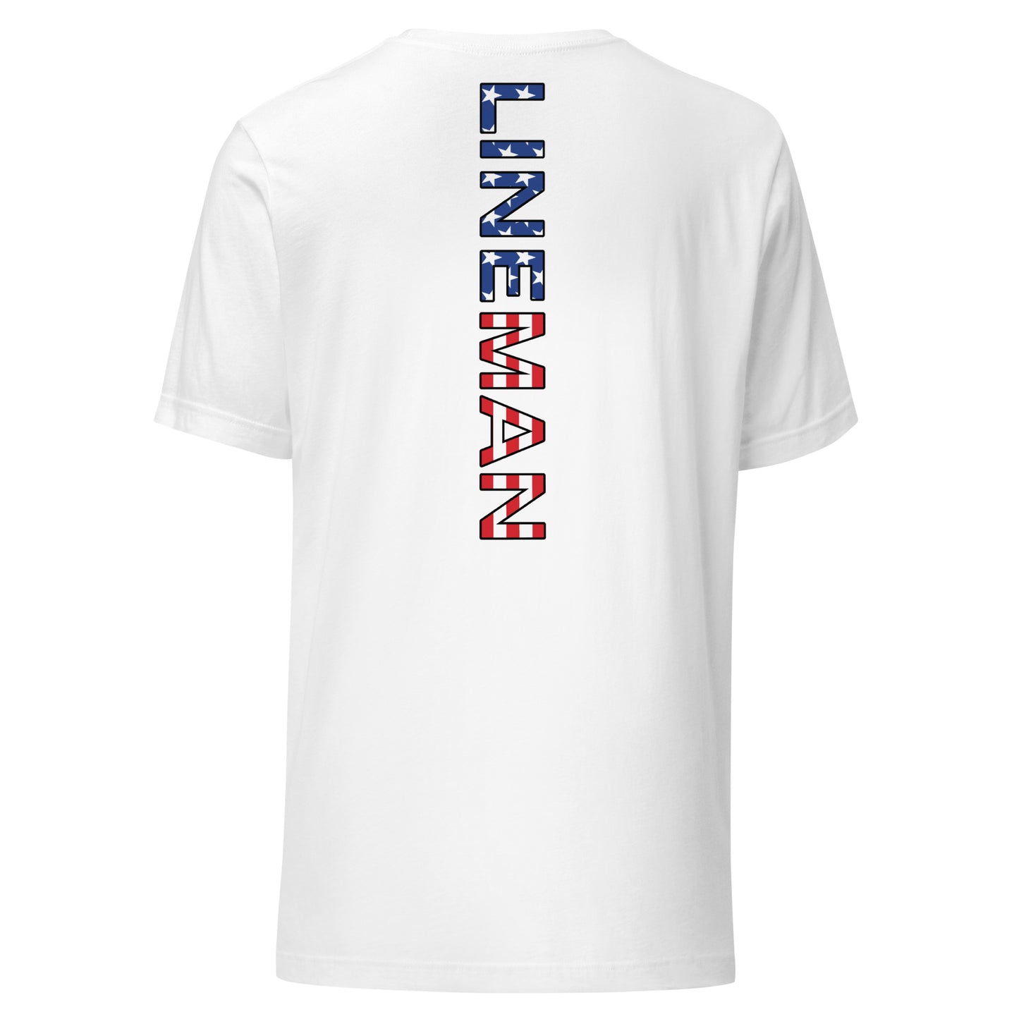 white shirt with lineman text down the back in a USA flag pattern