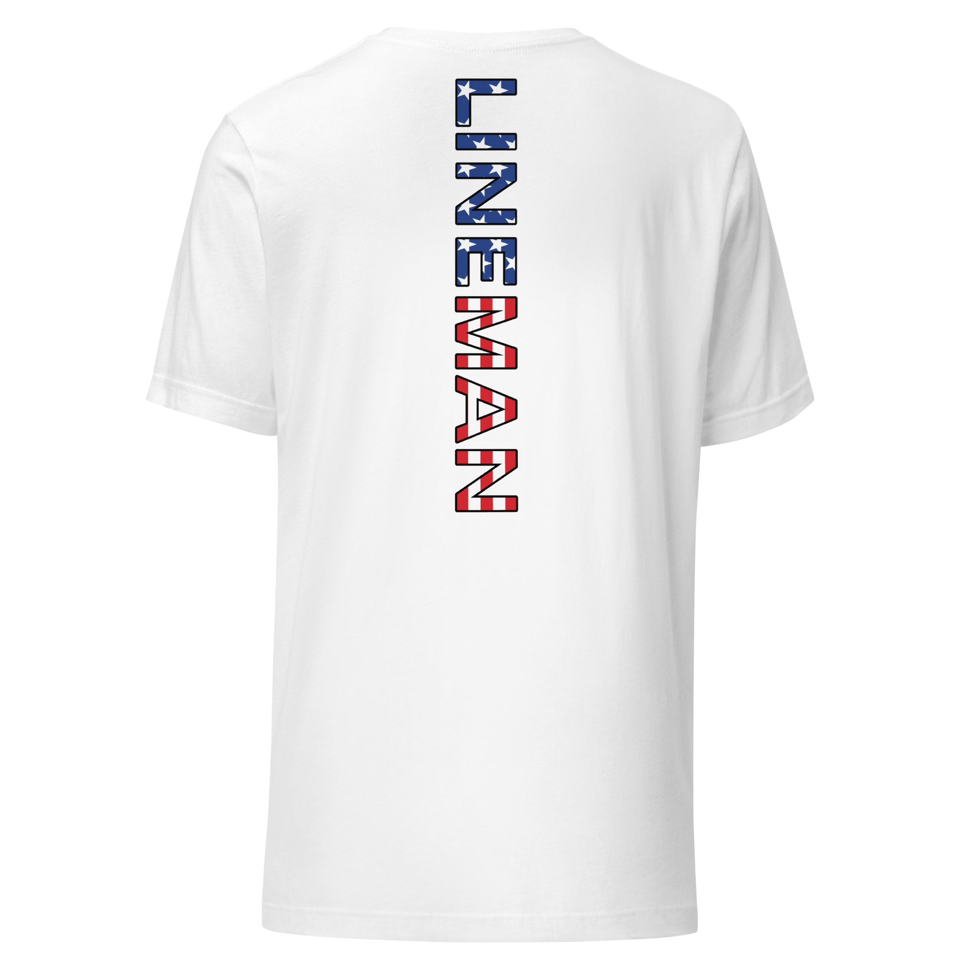 white shirt with lineman text down the back in a USA flag pattern