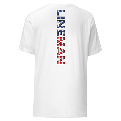 white shirt with lineman text down the back in a USA flag pattern