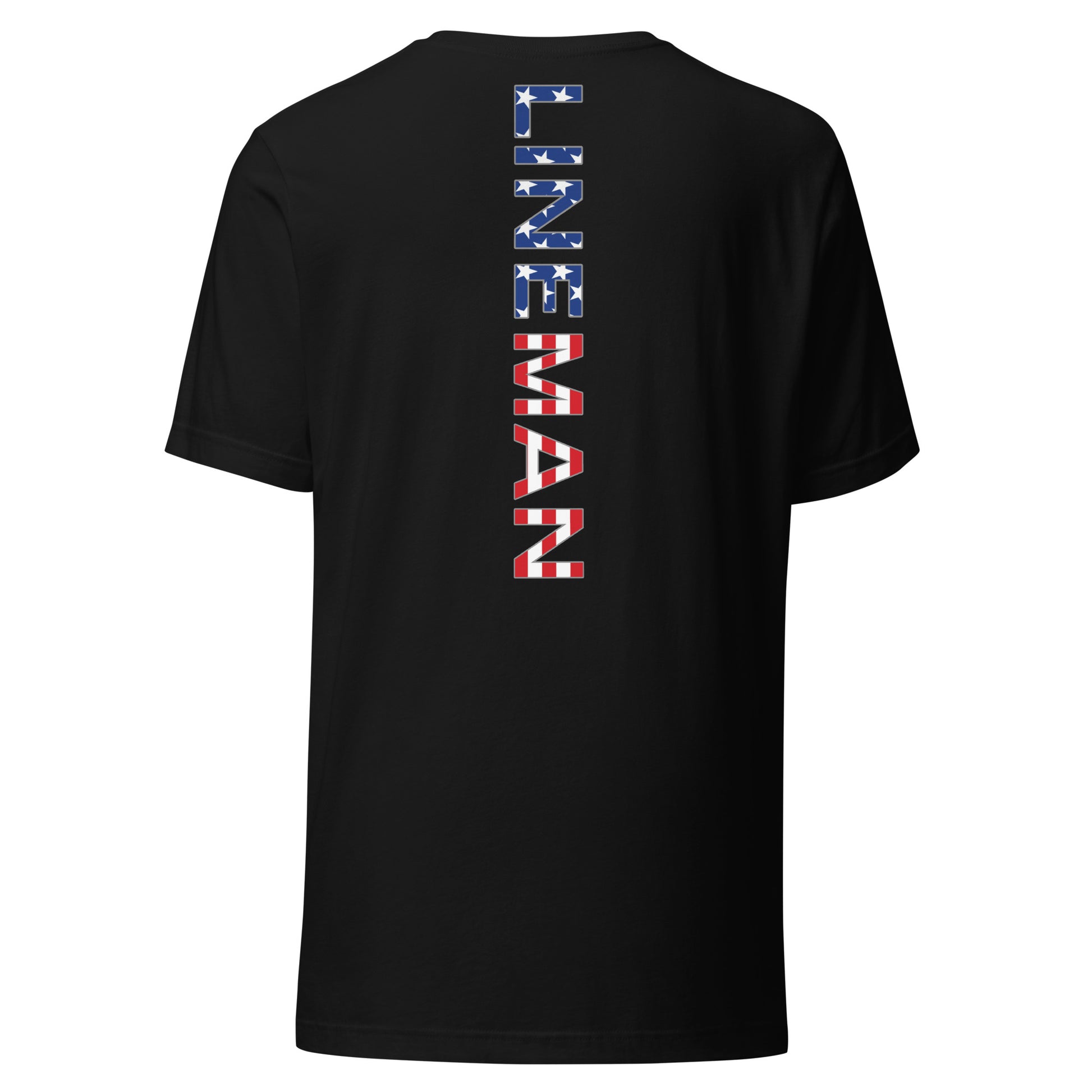 Black shirt with lineman text down the back in a USA flag pattern