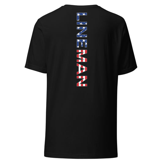 Black shirt with lineman text down the back in a USA flag pattern