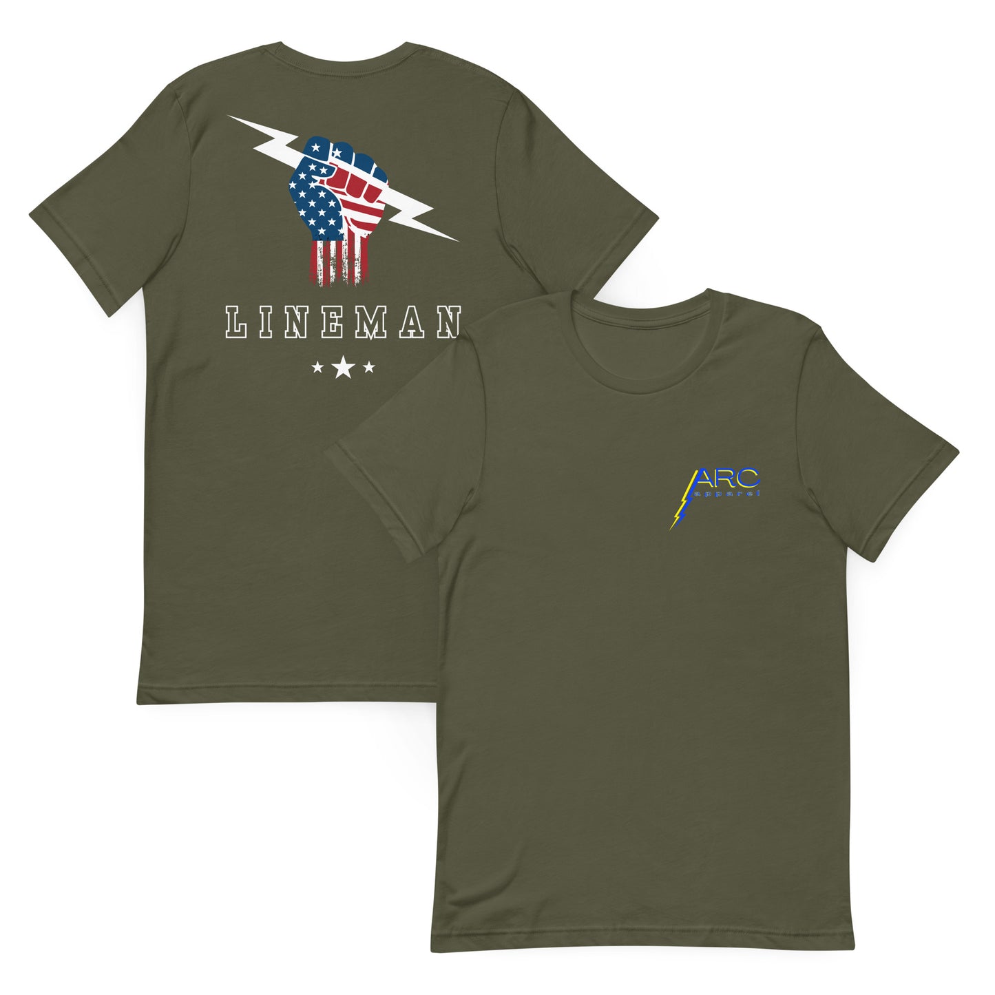 Military green shirt with USA flag fist holding lightning bolt and bold LINEMAN text and stars underneath. On front ARC Apparel logo.