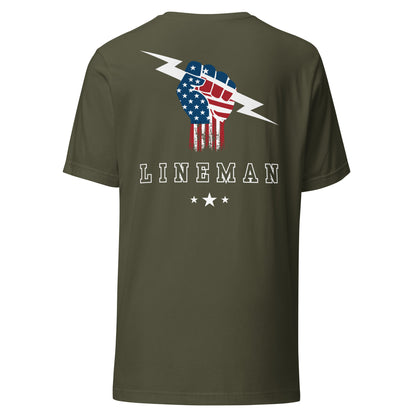 Military green shirt with USA flag fist holding lightning bolt and bold LINEMAN text and stars underneath