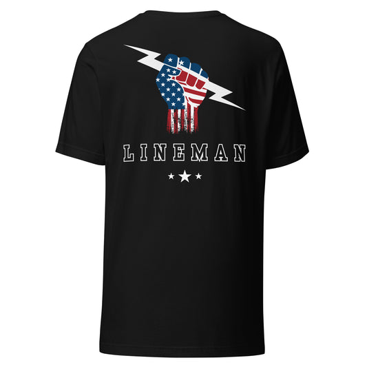 Black shirt with USA flag fist holding lightning bolt and bold LINEMAN text and stars underneath