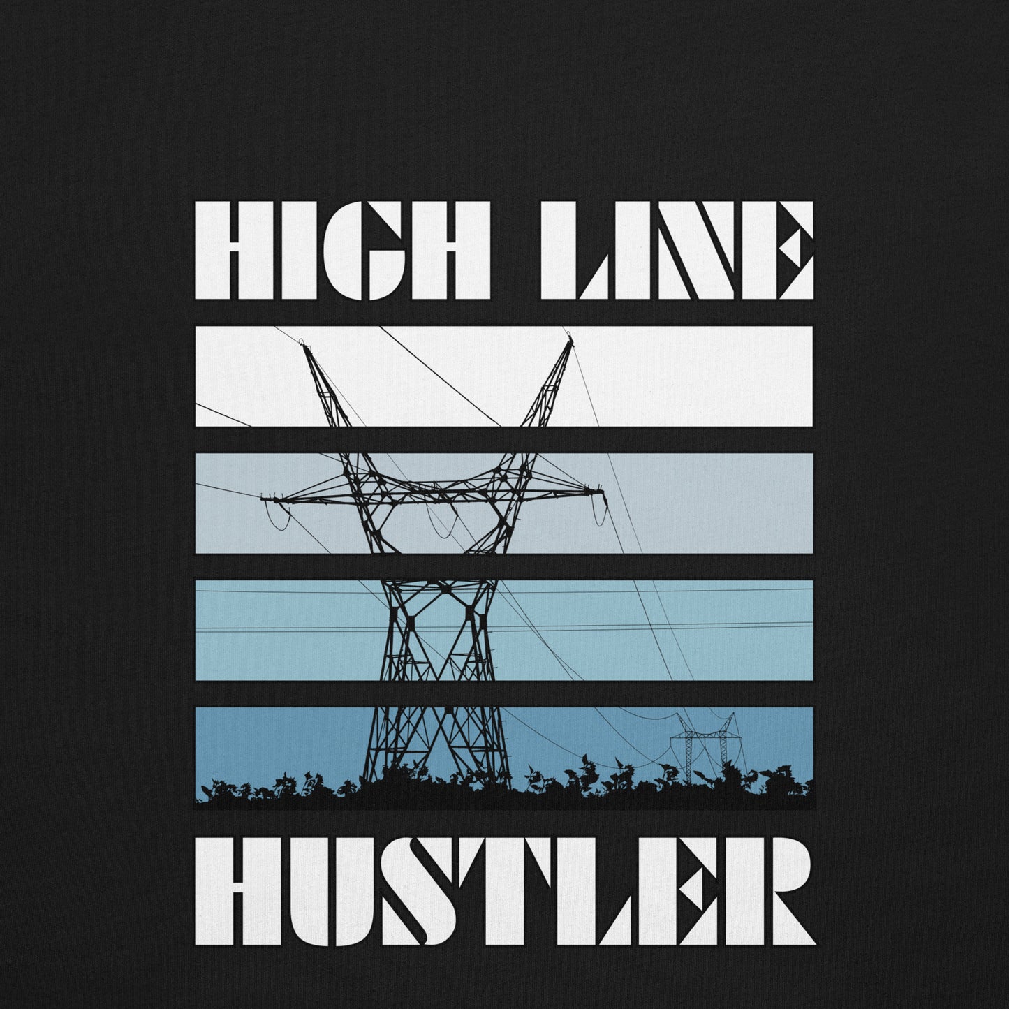 Close up Black high voltage lineman shirt. Power line transmission tower silhouette and high line hustler text. 