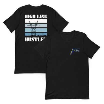 Black high voltage lineman shirt. Power line transmission tower silhouette and high line hustler text. Arc apparel logo on front