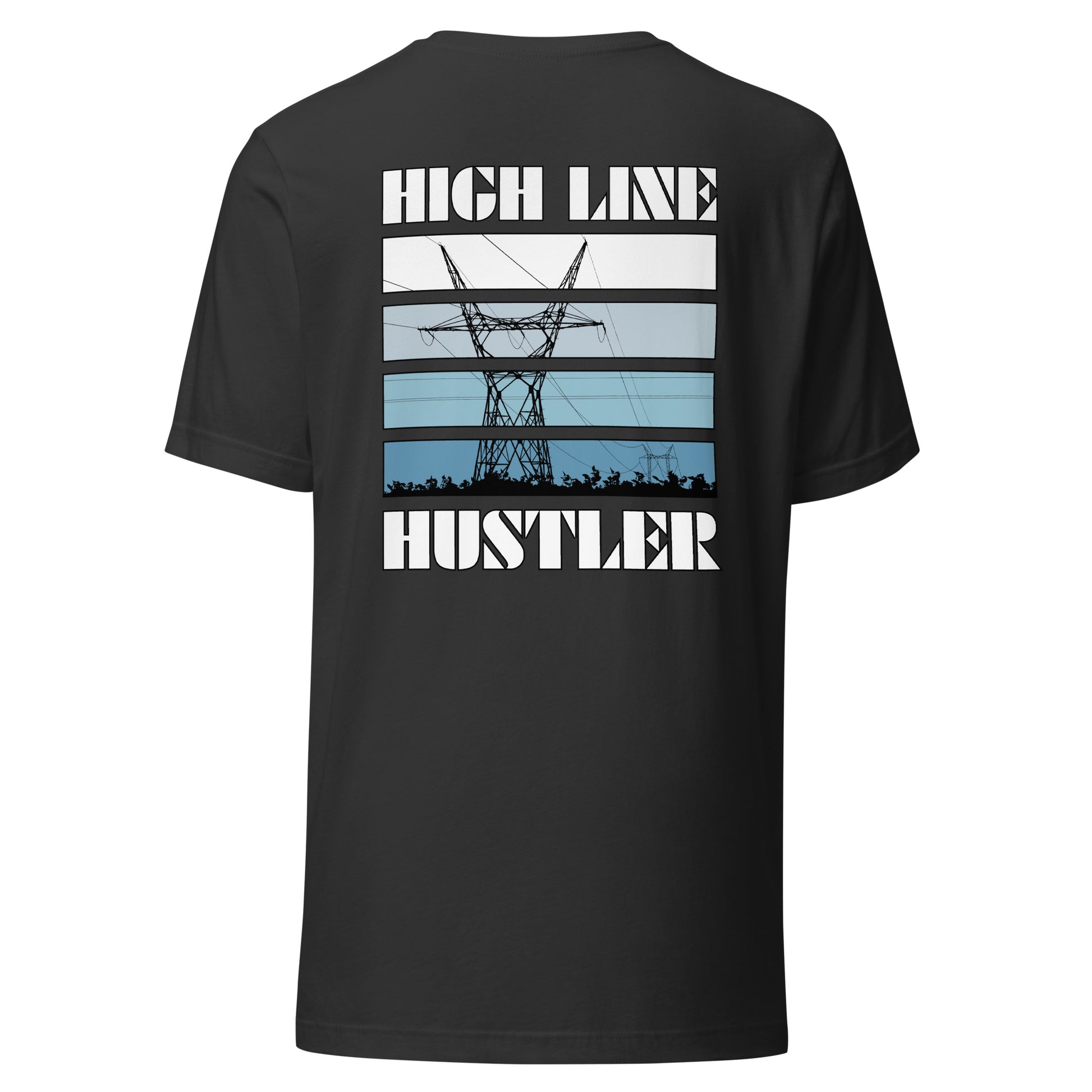Grey high voltage lineman shirt. Power line transmission tower silhouette and high line hustler text.