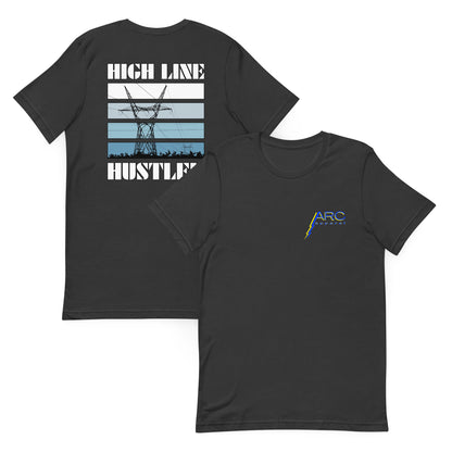 Grey high voltage lineman shirt. Power line transmission tower silhouette and high line hustler text. ARC apparel logo on front