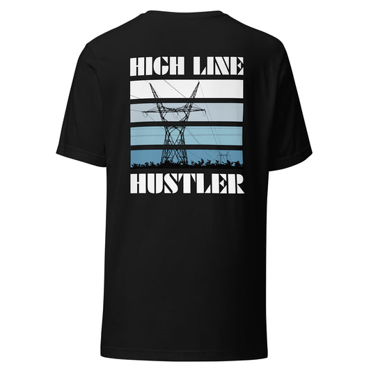 Black high voltage lineman shirt. Power line transmission tower silhouette and high line hustler text. 