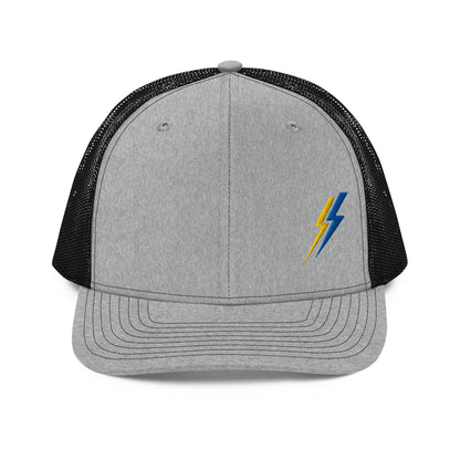 Lineman and electrician hat. ARC Apparel lightning bolts on front left side. Grey Front black back