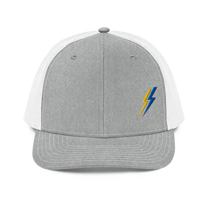 Lineman and electrician hat. ARC Apparel lightning bolts on front left side. Grey front white back