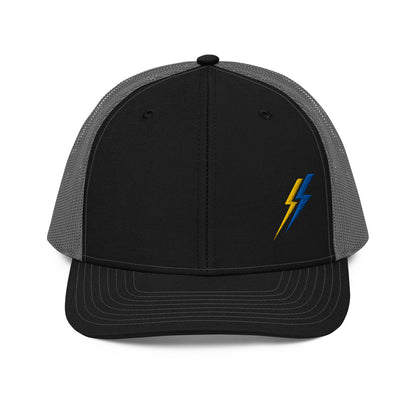 Lineman and electrician hat. ARC Apparel lightning bolts on front left side. Black front grey back