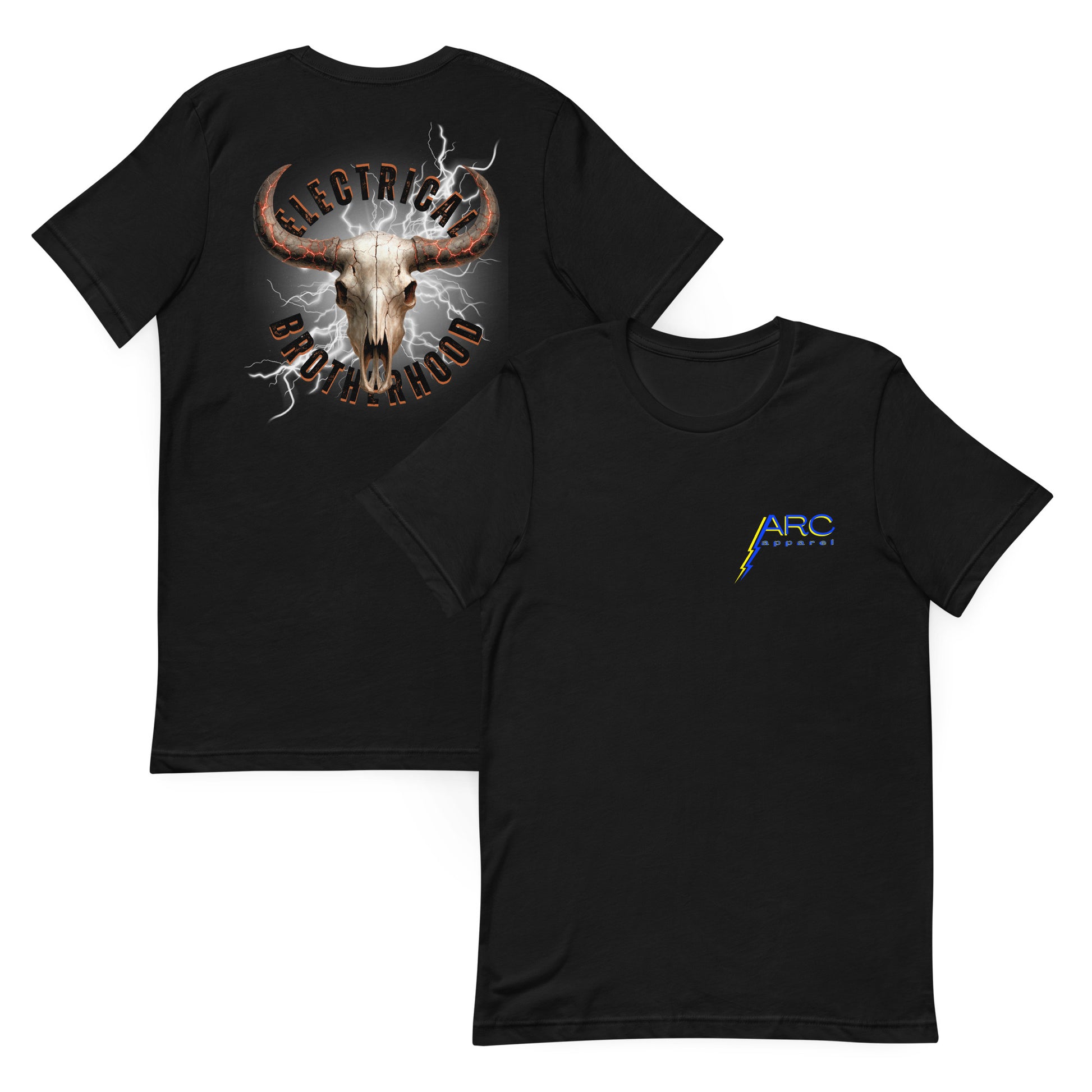Black shirt for linemen and electricians. Bull skull with 'Electrical Brotherhood' text and lightning effects. ARC Apparel on front.