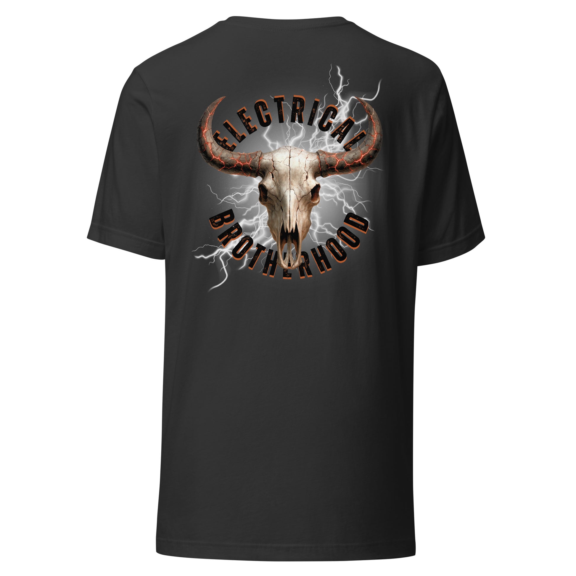 Grey shirt for linemen and electricians. Bull skull with 'Electrical Brotherhood' text and lightning effects.