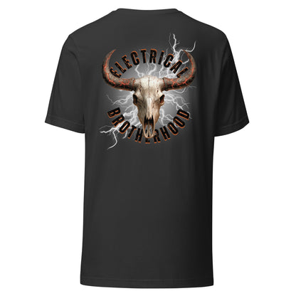 Grey shirt for linemen and electricians. Bull skull with 'Electrical Brotherhood' text and lightning effects.