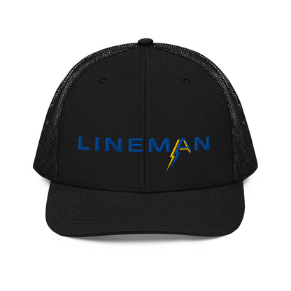 all black Richardson Snapback trucker hat for linemen. ARC Apparel branded A in the word lineman.