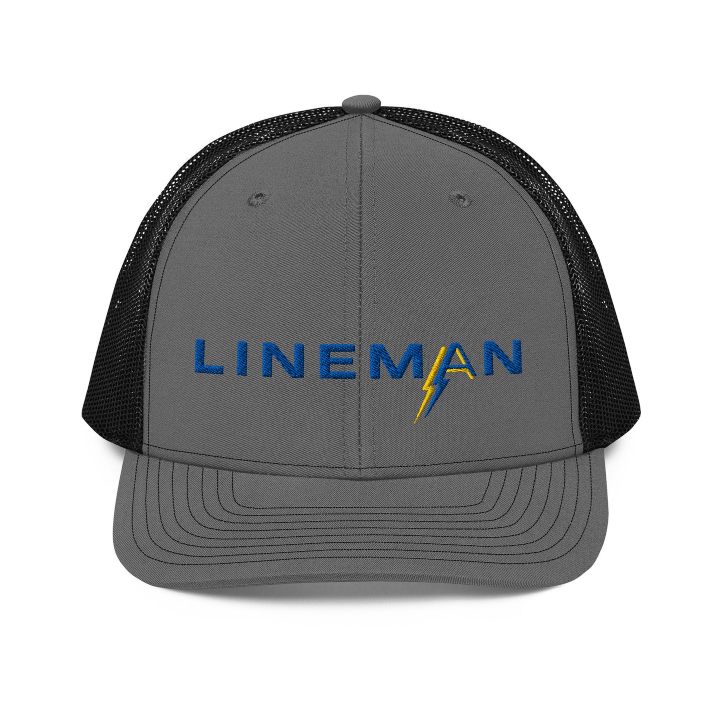 charcoal front black back Richardson Snapback trucker hat for linemen. ARC Apparel branded A in the word lineman.