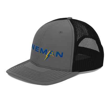 side view charcoal front black back Richardson Snapback trucker hat for linemen. ARC Apparel branded A in the word lineman.