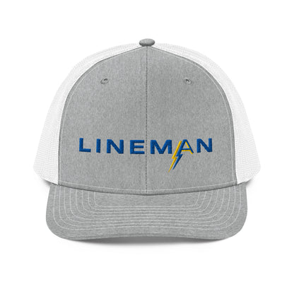 grey front white back Richardson Snapback trucker hat for linemen. ARC Apparel branded A in the word lineman.