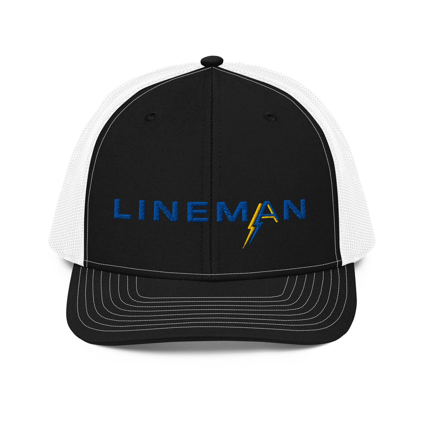 black front white back Richardson Snapback trucker hat for linemen. ARC Apparel branded A in the word lineman.
