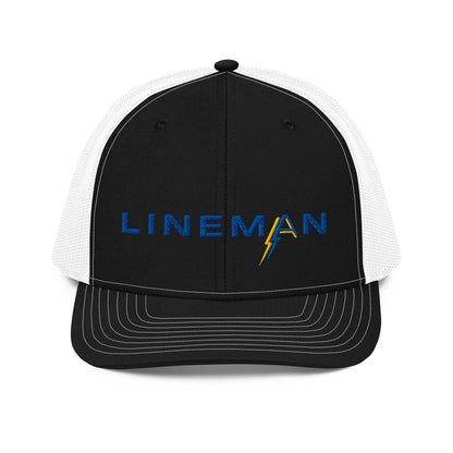 black front white back Richardson Snapback trucker hat for linemen. ARC Apparel branded A in the word lineman.
