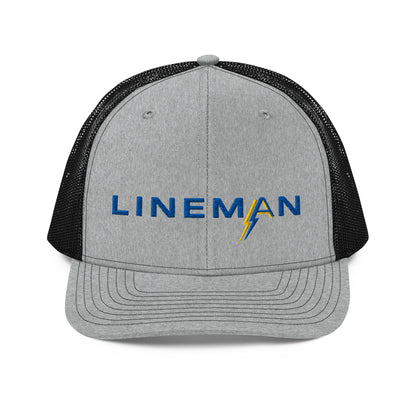 grey front black back Richardson Snapback trucker hat for linemen. ARC Apparel branded A in the word lineman.