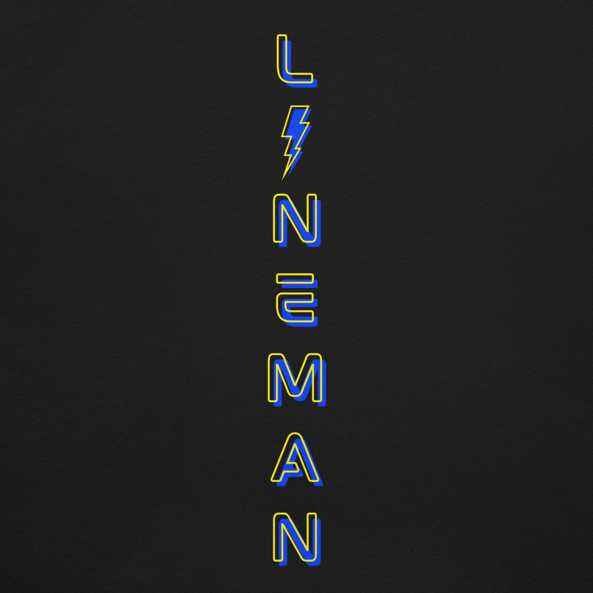 Close up Black lineman shirt with neon designed lineman text down the back in ARC Apparel colors. Lightning bolt replacing the i.