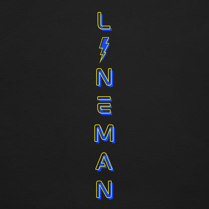 Close up Black lineman shirt with neon designed lineman text down the back in ARC Apparel colors. Lightning bolt replacing the i.