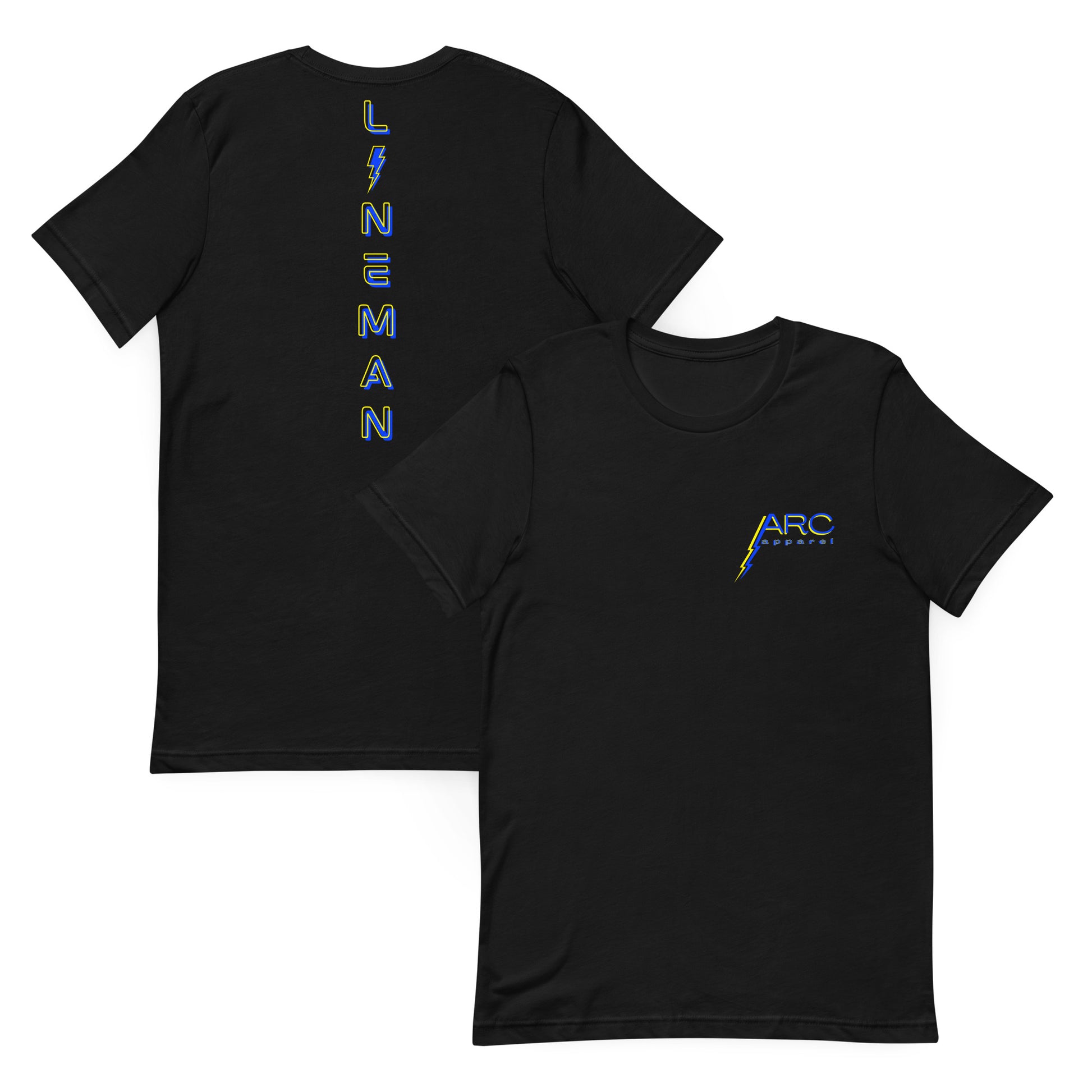Black lineman shirt with neon designed lineman text down the back in ARC Apparel colors. Lightning bolt replacing the i. ARC Apparel logo on front