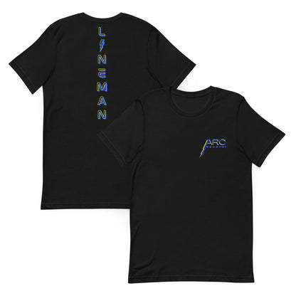 Black lineman shirt with neon designed lineman text down the back in ARC Apparel colors. Lightning bolt replacing the i. ARC Apparel logo on front